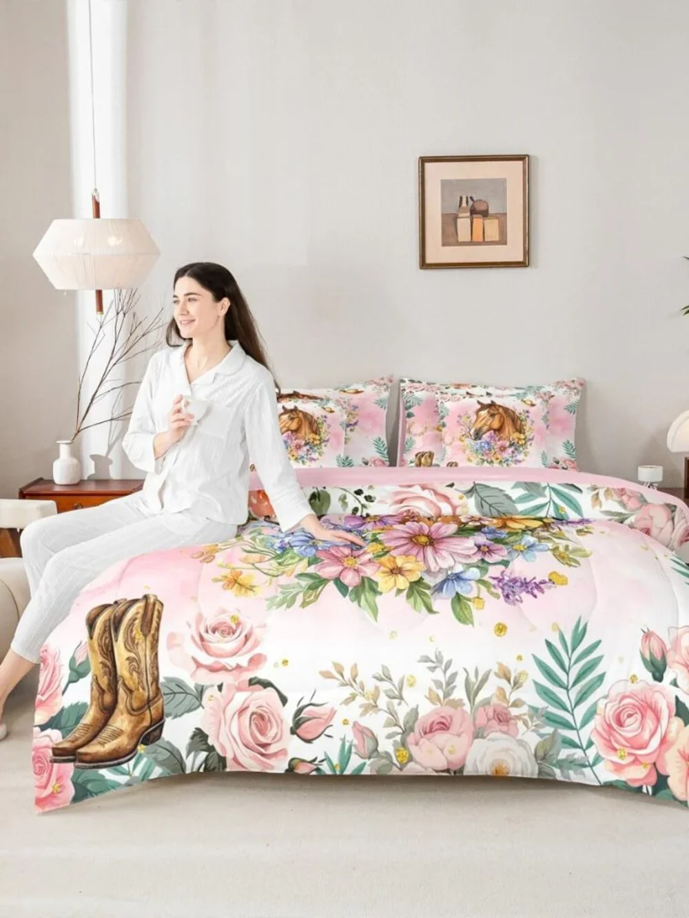 Western Cowgirl Horse Twin Bedding Set 7 Piece for Girls Kids,Cute Boho Pink Flo